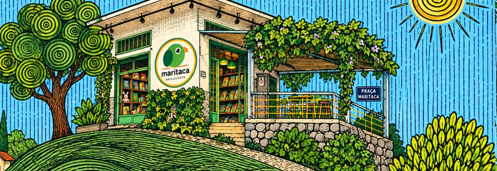 Fachada da Maritaca Brinquedos na Rua Paracuê: parede branca com o logotipo, vitrine iluminada, trepadeiras e a varanda Praça Maritaca